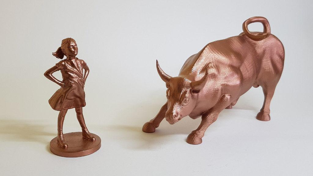 3D Printed and Spray Painted Wall Street Charging Bull and Fearless Girl