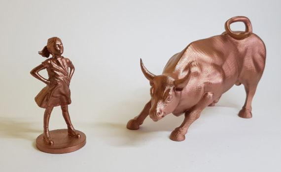 3D Printed and Spray Painted Wall Street Charging Bull and Fearless Girl