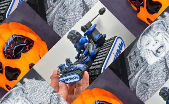 Compilation of multicolor 3D printing examples including a Pumpkin Girl mask, a Snapmaker U1 multicolor print, and HueForge-style wall art