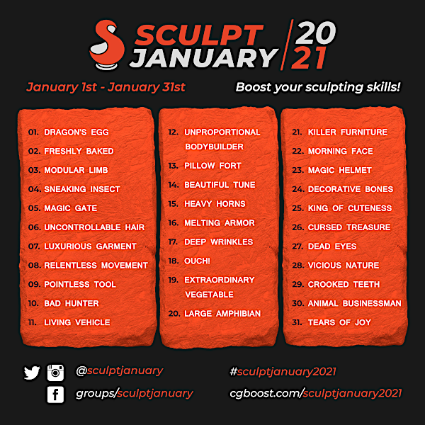SculptJanuary 2021 Prompts List - 30 Day Challenge