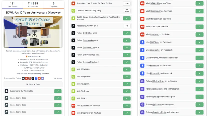 Example of a Gleam-based giveaway with multiple entry options, including social media follows, visits, and secret codes