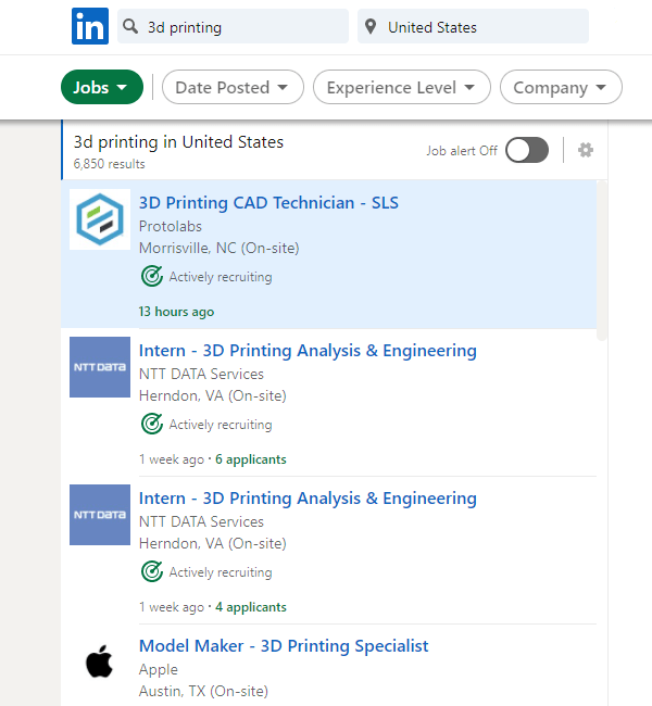 LinkedIn 3D Printing Jobs Search