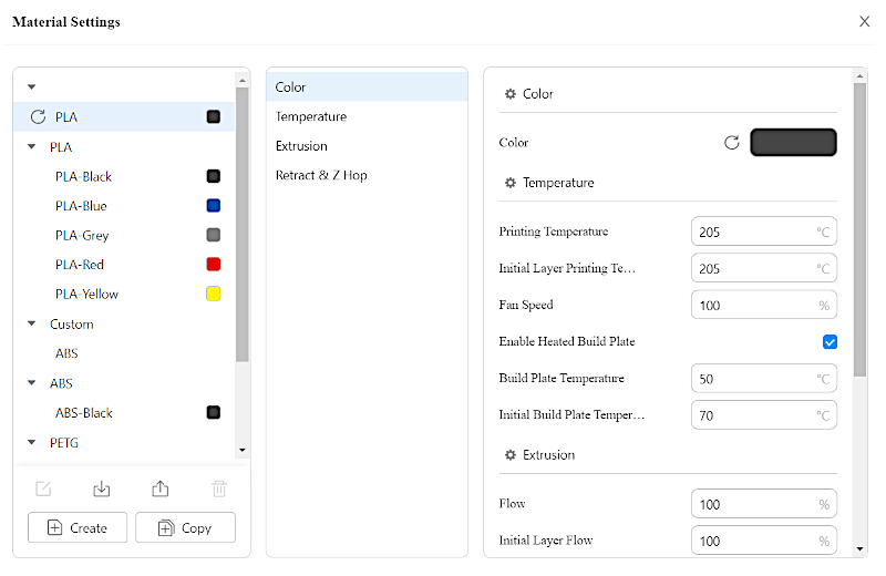 Luban 3D Printing - Material Settings