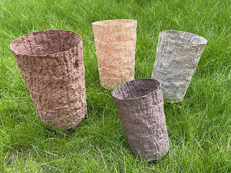3D Printed Giant Redwood Texture Vases on the Grass