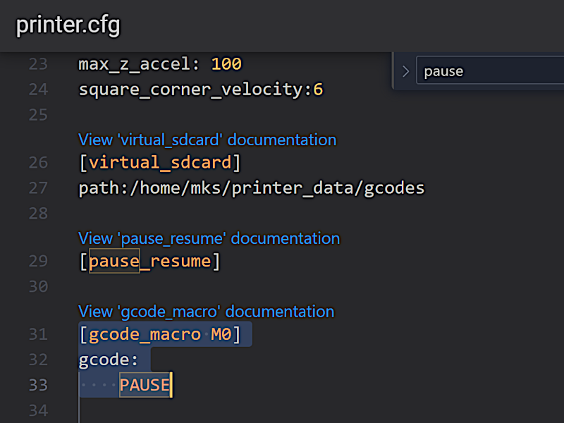 Pause and Resume Configuration in Klipper