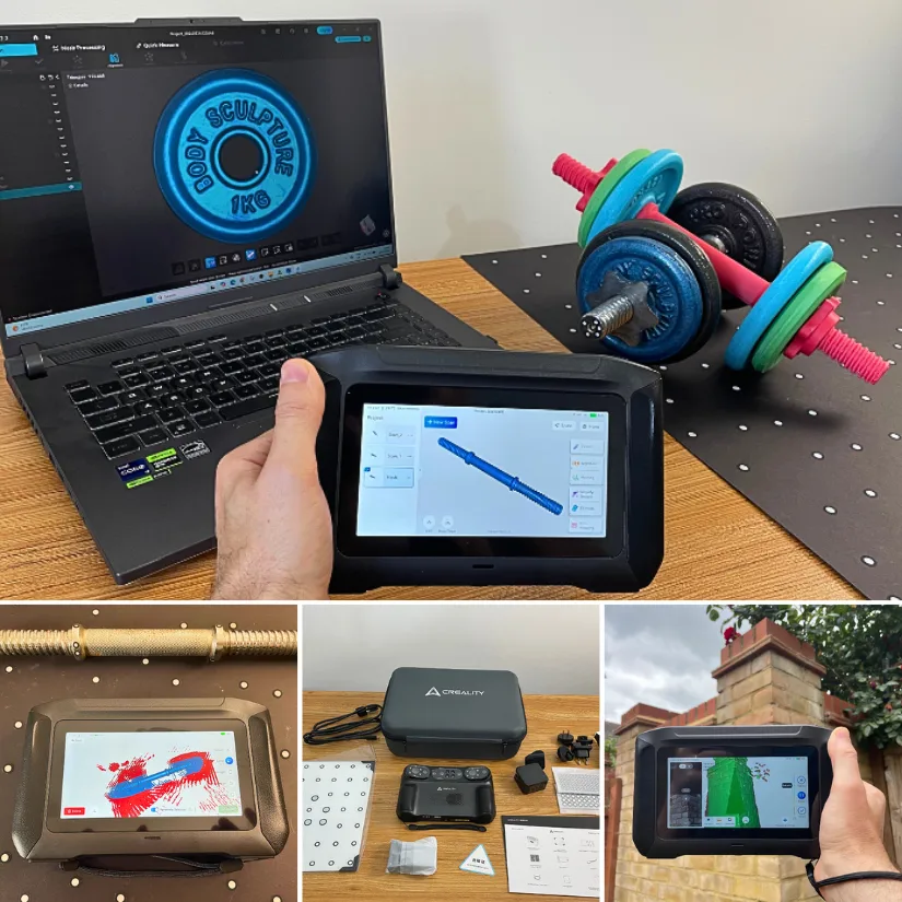 Creality Sermoon P1 review compilation showing the standalone 3D scanner, scan-to-print dumbbell project, accessories, blue laser scanning workflow, and outdoor infrared scanning.