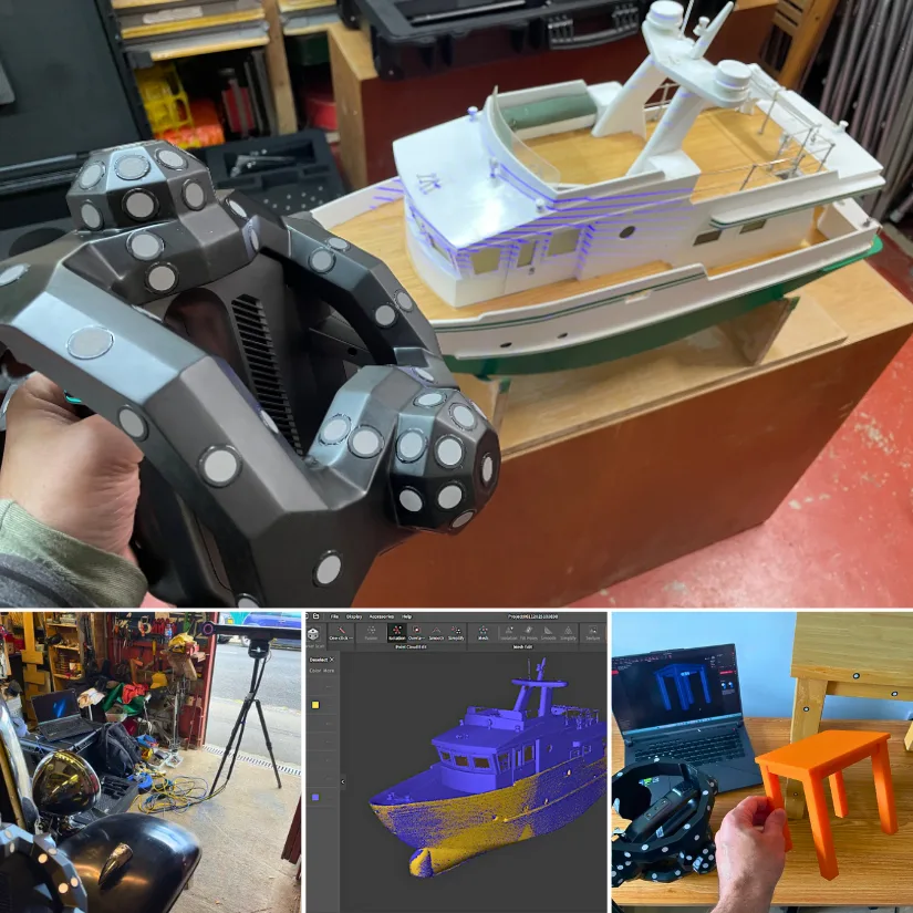 Compilation of 3D scanning projects using the Revopoint Trackit, including a model boat scan in progress, garage setup with a vintage car, mesh preview, and a 3D printed miniature table