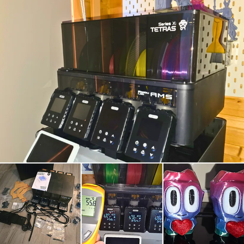 A visual overview of the EIBOS Series X Tetras upgrade in action. From the unboxing and assembly process to temperature performance tests and multi-color print results using the Bambu Lab AMS setup. Shown here are the complete kit contents, temperature accuracy verification, and test models printed with dried filament.