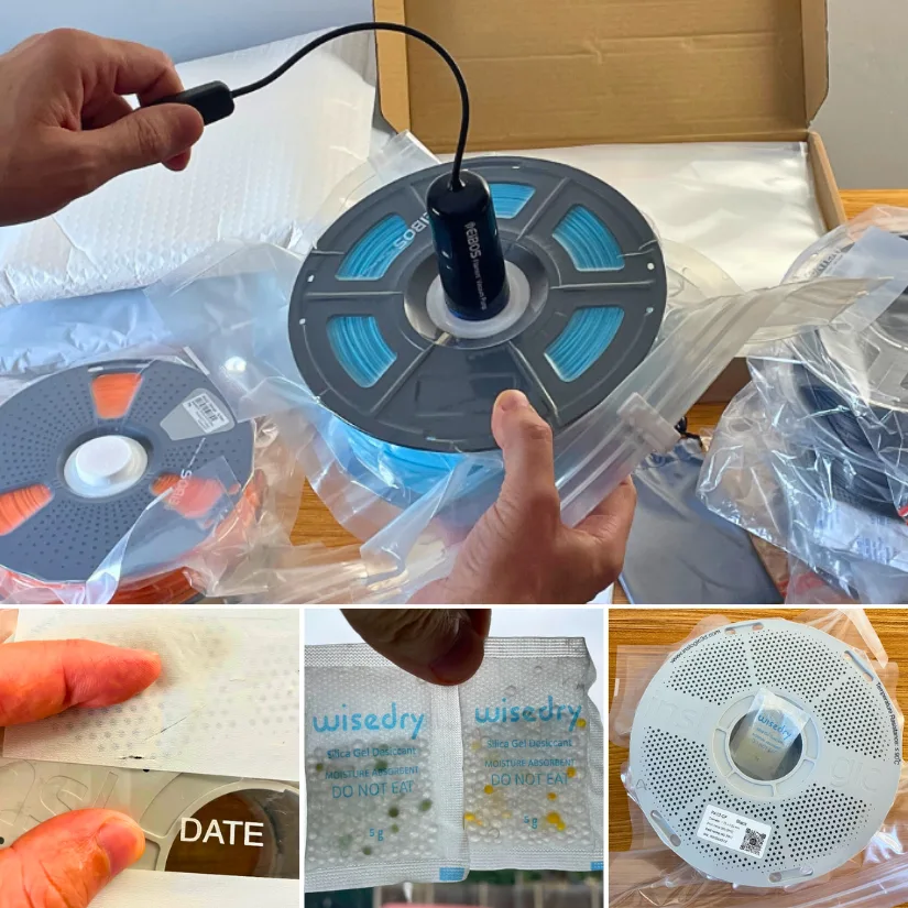 Compilation showing filament vacuum sealing with EIBOS pump, silica gel desiccants, micro hole in bag, and a sealed Inlogic PA12-CF spool