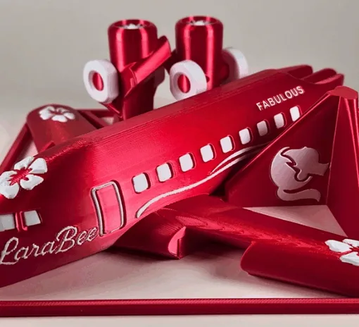 A dramatic red multicolor 3D-printed airplane kit card with floral accents and the name “LaraBee,” printed as part of a christmas drive 3D printing community project.