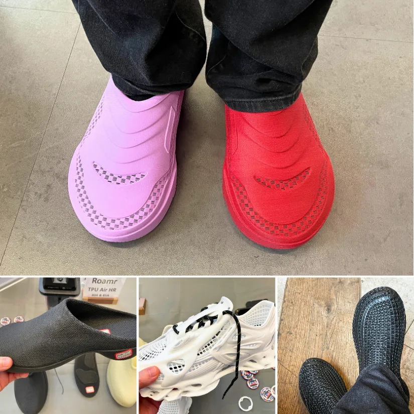 3D printed shoes spotted at SMRRF 2026 including D7 by David Tobin, PollyFab Flux, and TPU printed footwear displayed at the Siraya Tech stand.