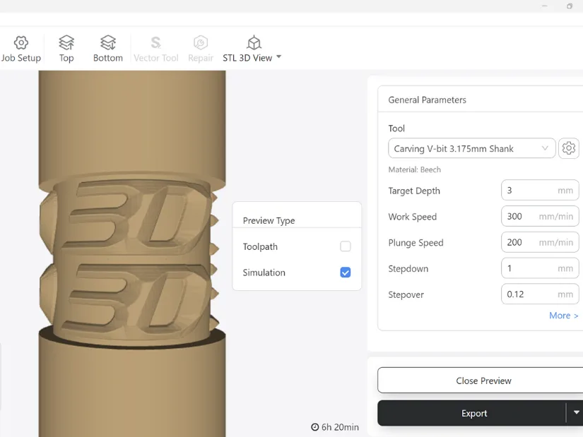 Luban software preview of 3DWithUs logo wrapped on a dowel using a V-bit tool, showing neat simulation but actual carving results are less accurate