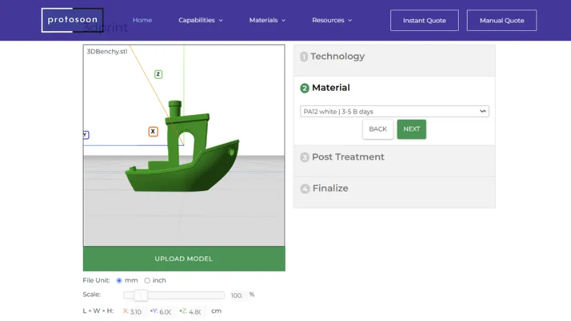 3D Print Job Instant Quote on ProtoSoon Platform
