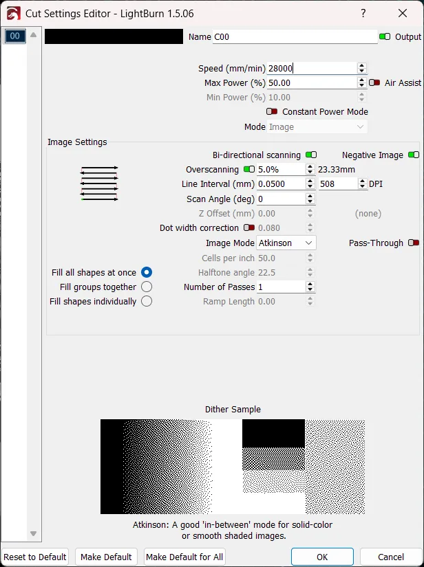 LightBurn's Cut Settings Editor window (v1.5.06) displaying detailed laser engraving settings like speed, power, image mode, and dithering options.