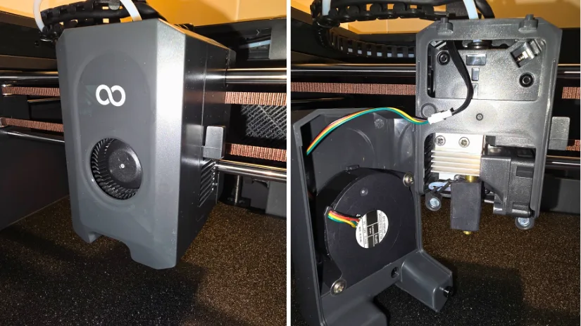 Elegoo Centauri Carbon extruder module shown closed and opened, revealing internal hotend and cooling fan