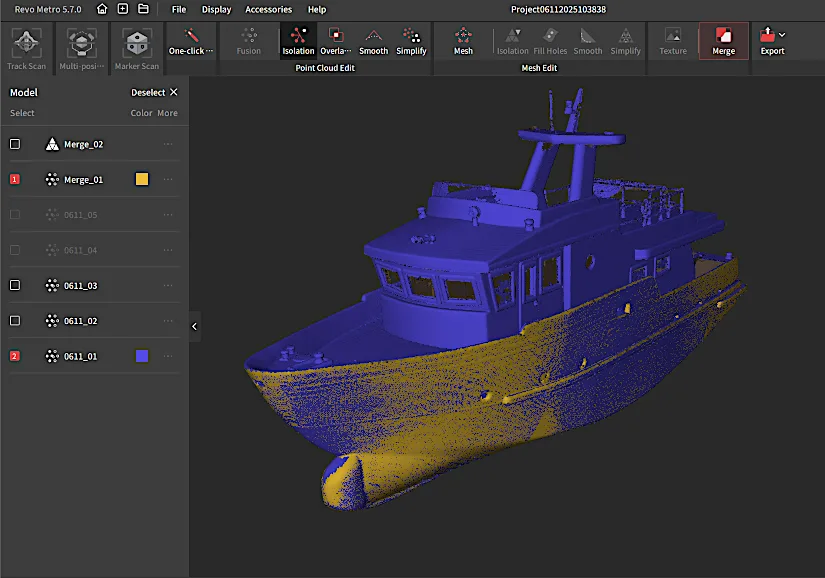 3D scanned model of a boat in Revo Metro 5.7 showing merged parts of the hull and top deck