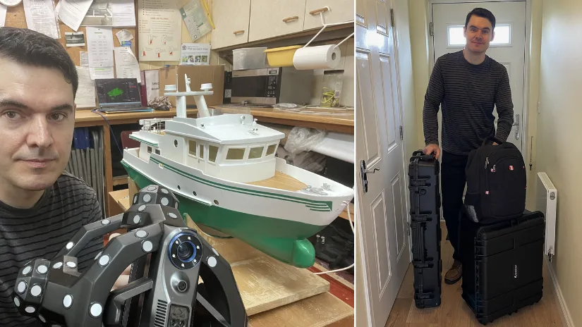 Left: Max Funkner at a model boat club preparing to scan a model boat with the Revopoint Trackit scanner. Right: Max standing with scanner cases and backpack before heading out for a field test.