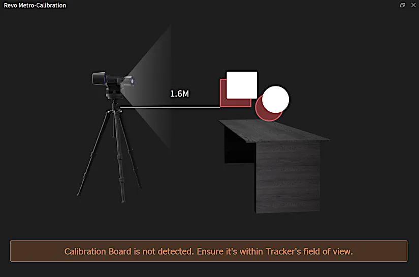Revo Metro Calibration interface showing warning message "Calibration Board is not detected." Solution: move the tracker, not the scanner