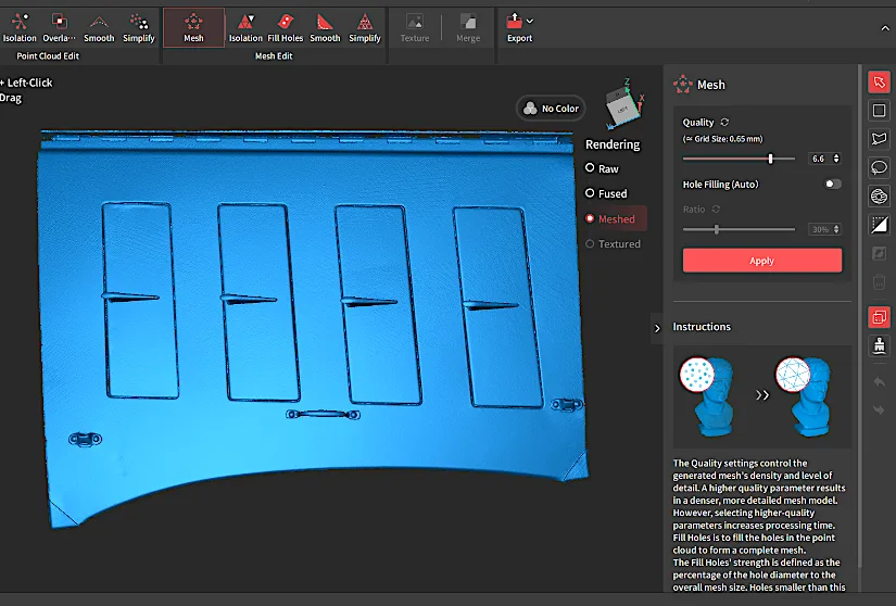 Mesh preview of a scanned Citroën engine side cover panel in Revo Metro 5 software, showing meshing settings and processing interface