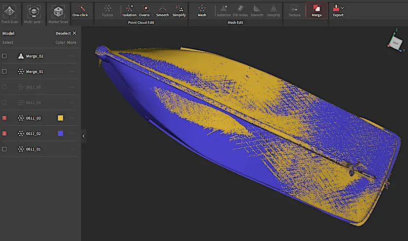 Alignment preview of two scanned hull sections in Revo Metro 5, showing overlapping point clouds in blue and yellow before final merge
