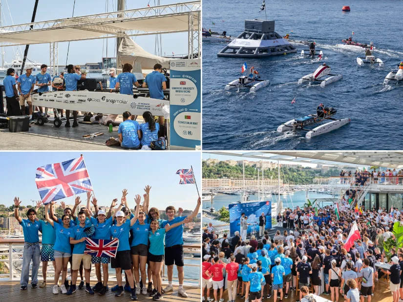 Students from Cambridge University’s Riviera Racing team prepare their electric boat, compete on the water, celebrate with flags, and gather at the awards ceremony during the Monaco Energy Boat Challenge 2025.
