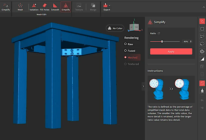 3D mesh of a small wooden table displayed in Revo Metro 5 software, with the mesh simplification tool set to 40 percent