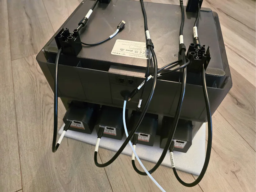 Back view of the AMS unit showing fully connected USB-C cables from the EIBOS Series X Tetras power and screen modules, routed through support frames.