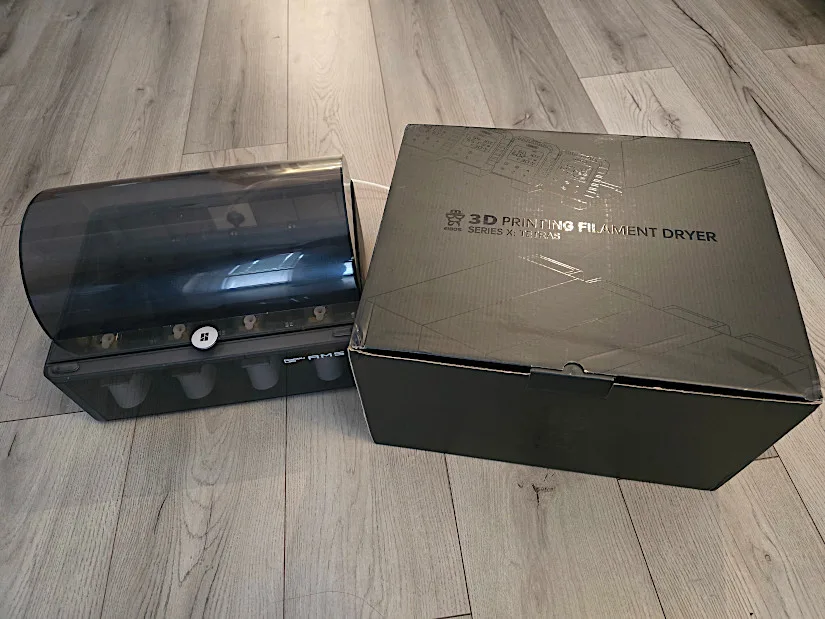 EIBOS Series X Tetras filament dryer packaging box and transparent upper cover module for Bambu Lab AMS upgrade.