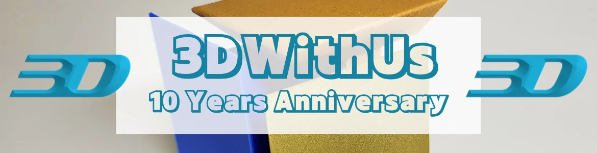 3DWithUs 10 Years Anniversary – background model 3D printed with brass metal, wood, and blue PLA filaments