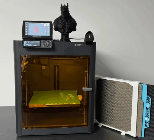 Fully upgraded Bambu Lab P1S 3D printer showing BIGTREETECH addons—including the amber Panda Door, Panda Touch touchscreen, Panda Knomi status display, and a stack of interchangeable Panda build plates—plus a black 3D-printed bust perched on top.