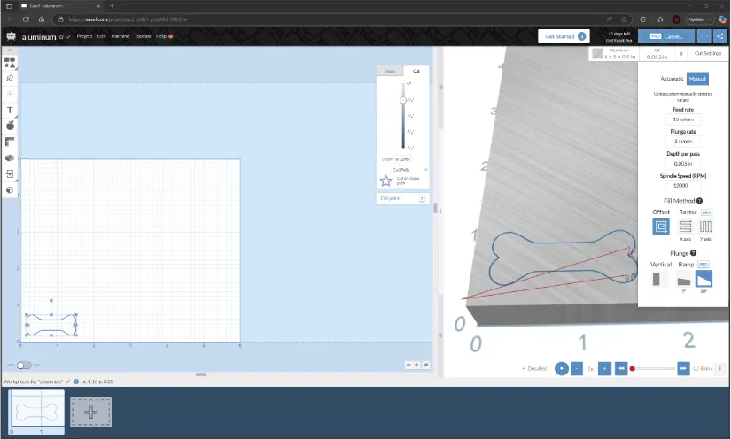 Screenshot of Inventables Easel CAM software in a web browser: 2‑D grid workspace shows a small dog‑bone outline, while the right‑hand 3‑D preview displays toolpaths on 5 mm aluminum with manual feed‑rate, plunge‑rate, and spindle‑speed settings visible