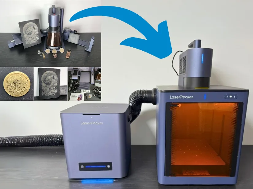 LaserPecker LP5 without and with Enclosure and Air Purifier