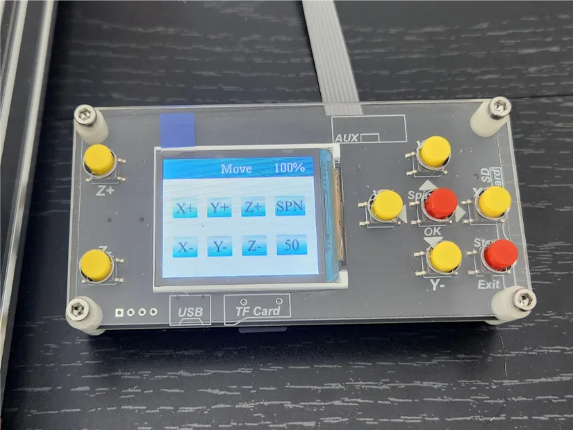 offline controller for the Lunyee 3018 Pro Ultra CNC router, displaying axis jog buttons and equipped with USB and TF‑card slots.