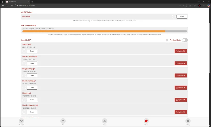 Screenshot of the Panda Knomi web interface in a desktop browser, showing the Theme > GIF page with a storage-space progress bar, HEX-color override, and a list of state GIFs (Standby, Nozzle_Heating, Bed_Leveling, etc.) each with ‘Update GIF’ buttons.