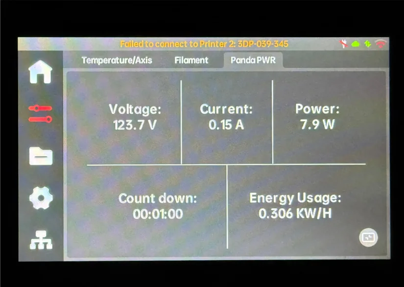 Panda Touch interface displaying the Panda PWR status tab with real-time readings—123.7 V voltage, 0.15 A current, 7.9 W power draw—plus a one-minute shutdown countdown and 0.306 kWh energy-usage total.