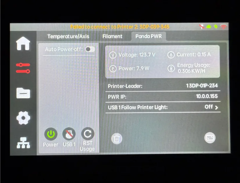 Panda Touch display on the Panda PWR tab showing an auto power-off toggle, power/USB/reset buttons, and live readouts—123.7 V, 0.15 A, 7.9 W, 0.306 kWh—plus printer ID and hub IP address.