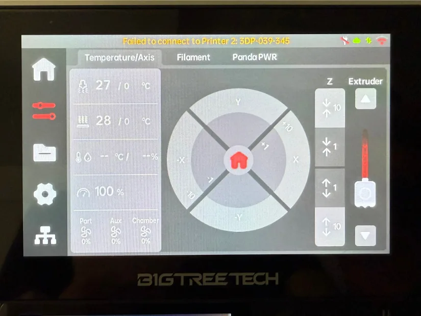 BIGTREETECH Panda Touch screen on the Temperature/Axis tab, showing 27 °C nozzle, 28 °C bed, 100 % AMS humidity, a circular XY jog wheel with home icon, vertical Z-move arrows, and an extruder feed slider.