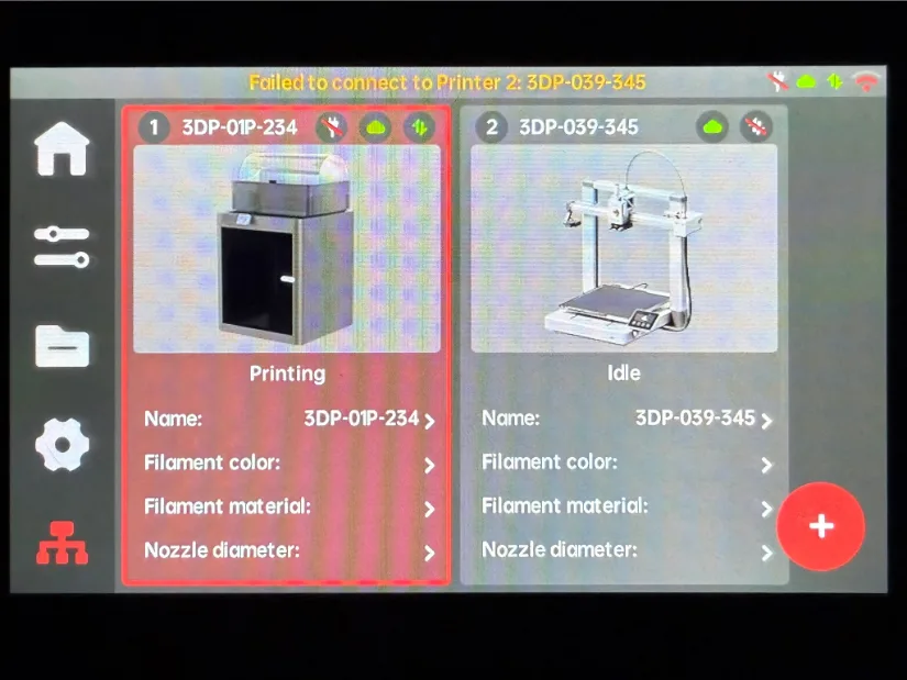 Panda Touch fleet-control screen listing two Bambu Lab printers—one enclosed unit actively printing and one open-frame model sitting idle—each with status icons and editable details for filament and nozzle.