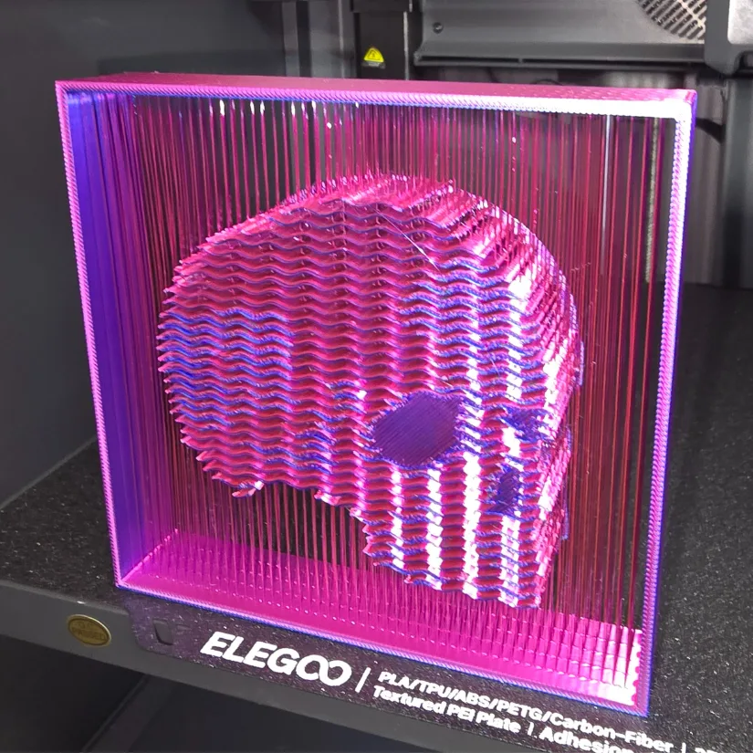 Skull string art 3D model printed in dual-color silk PLA 