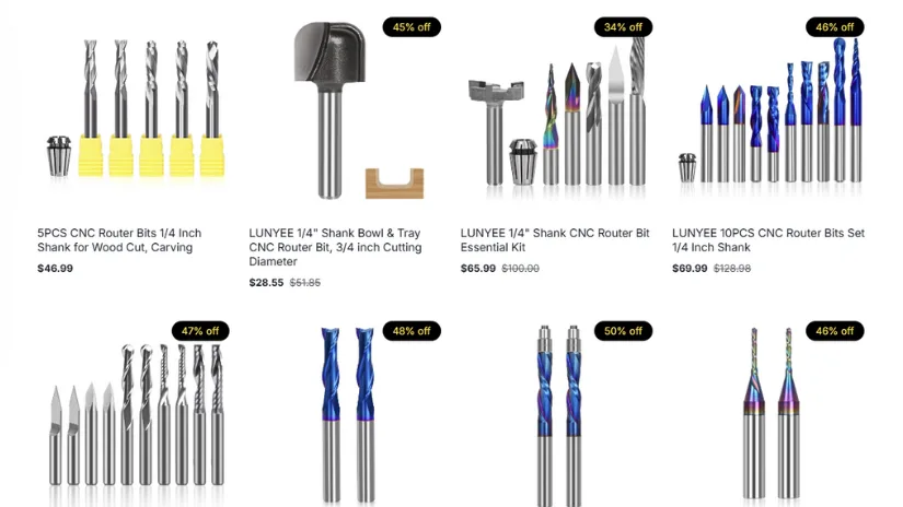 Various LUNYEE CNC router bit sets including carving, engraving, and spiral bits with discounts