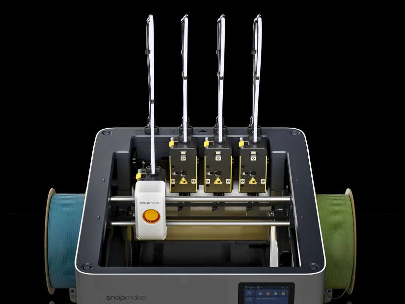 Close-up view of Snapmaker U1 toolchanging system with four SnapSwap toolheads mounted in a row
