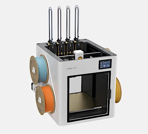 Snapmaker U1 3D printer with automatic toolchanging system and four filament spools