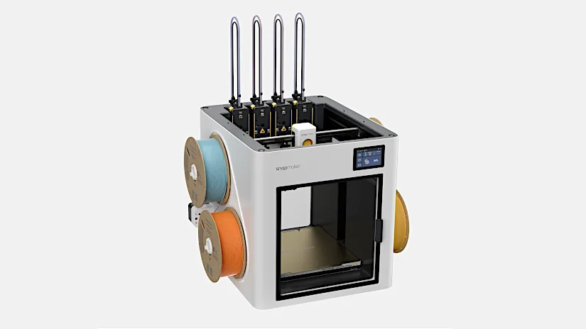 Snapmaker U1 3D printer with automatic toolchanging system and four filament spools