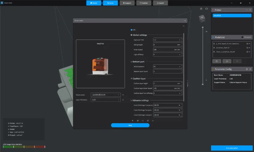 HALOT BOX slicer interface with Piocreat HALOT-X1 profile open, showing global exposure settings, bottom layers, and cushion layer options in a dark UI