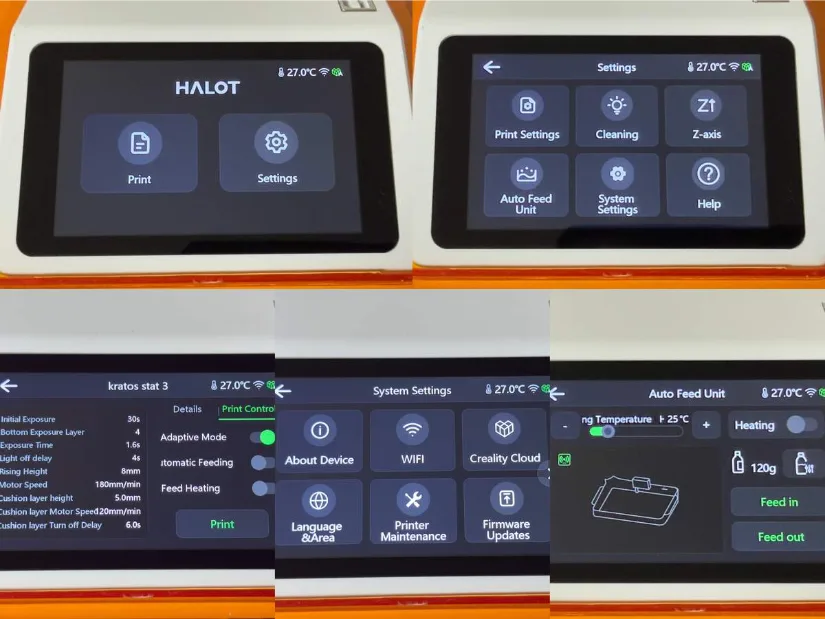 Piocreat HALOT-X1 touchscreen UI collage showing Home, Settings, System Settings, Print Control, and Auto Feed Unit screens—clear, easy-to-navigate resin printer menu