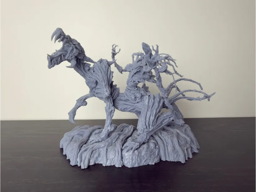 Nerikson Famine Horseman resin statue, unpainted gray, printed on Piocreat HALOT-X1—dynamic rider on skeletal/gnarled mount with detailed base