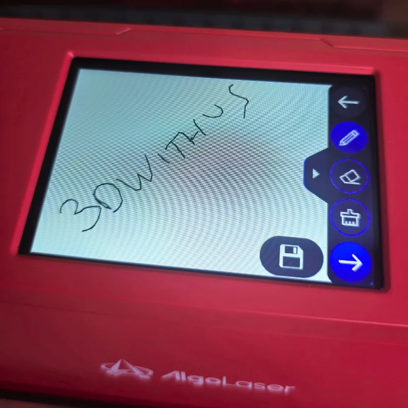 AlgoLaser Pixi touchscreen displaying a hand-drawn sketch reading 3DWithUs using AlgoSketch feature