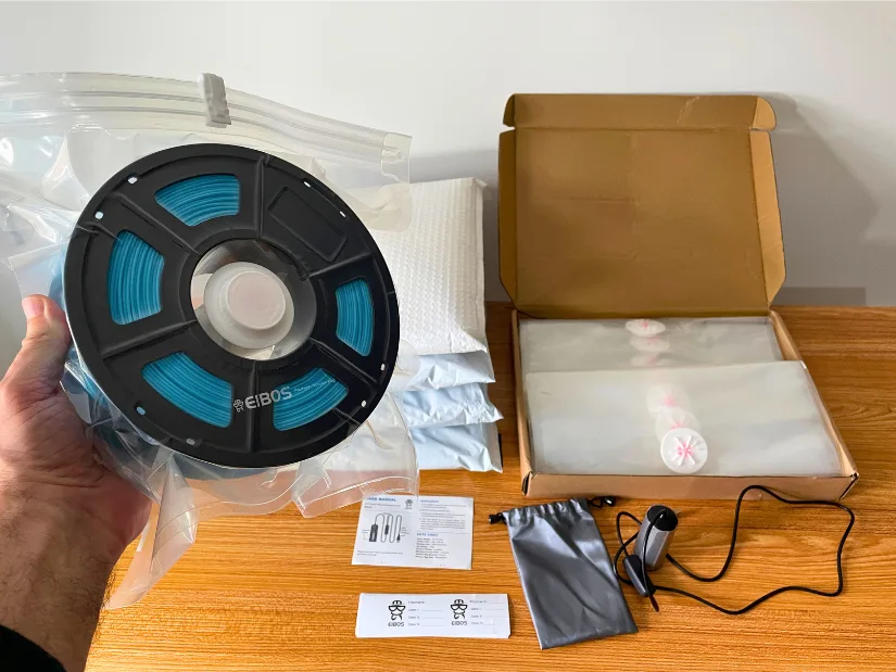 Sealed 3D printing filament spool using an EIBOS vacuum pump and reusable bag