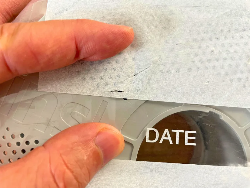Close-up showing a micro hole in a vacuum-sealed filament stored in a standard food-grade storage bag