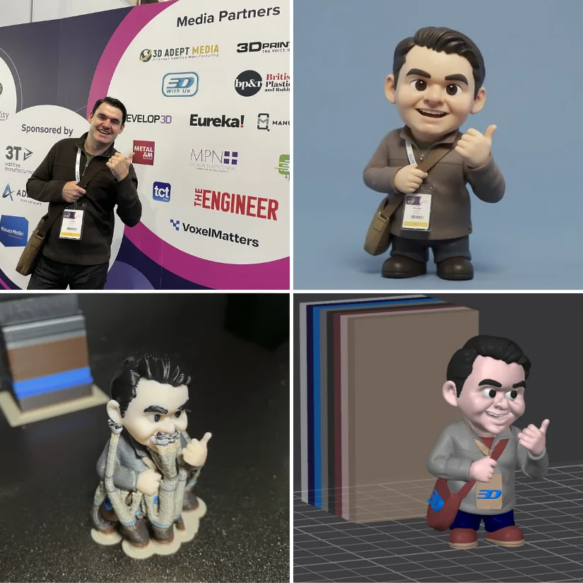 Compilation showing 2D photo, generated CubeMe avatar, slicer preview with colours, and final 3D print with supports